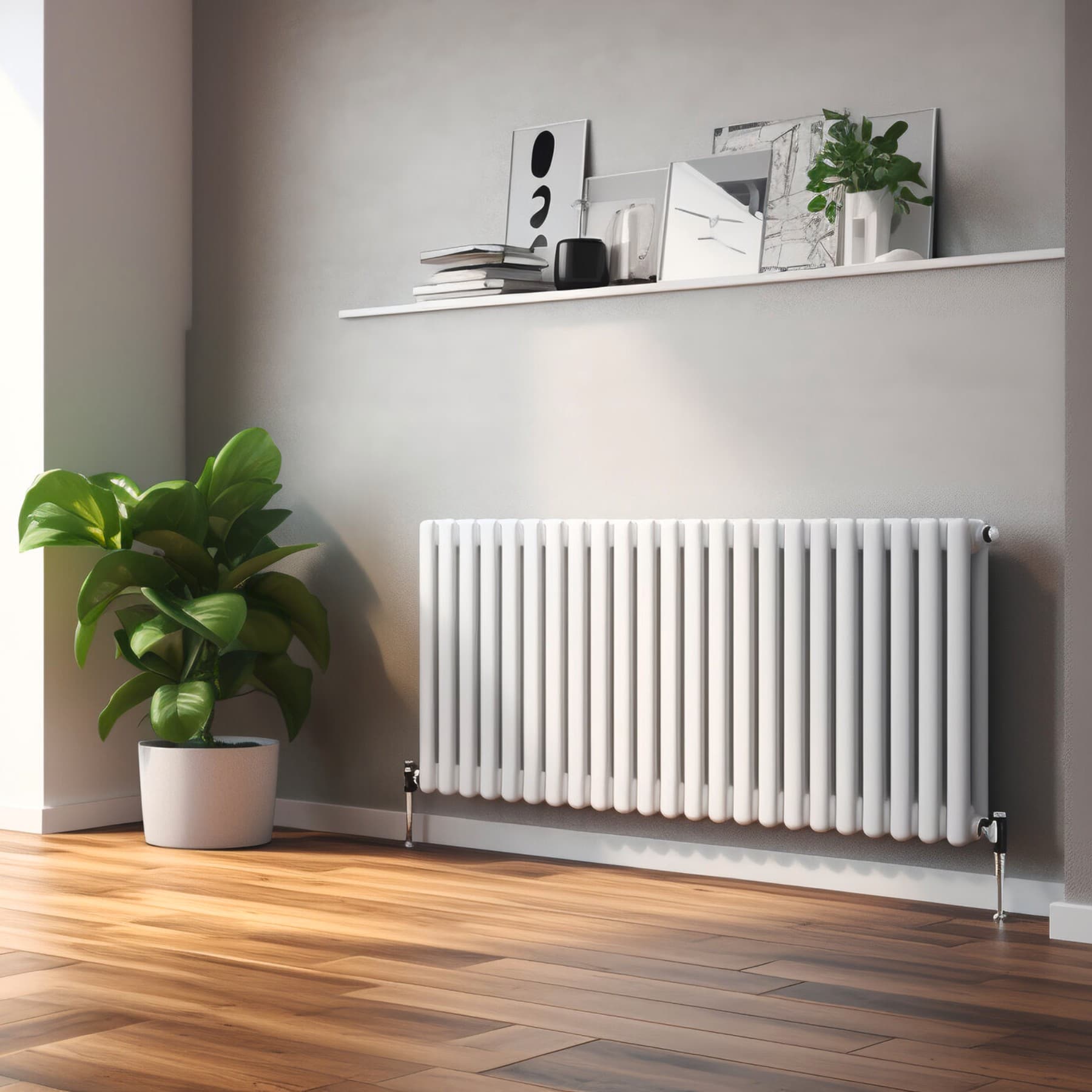 Ein Heizkörper hängt an einer Wand neben einer Topfpflanze.