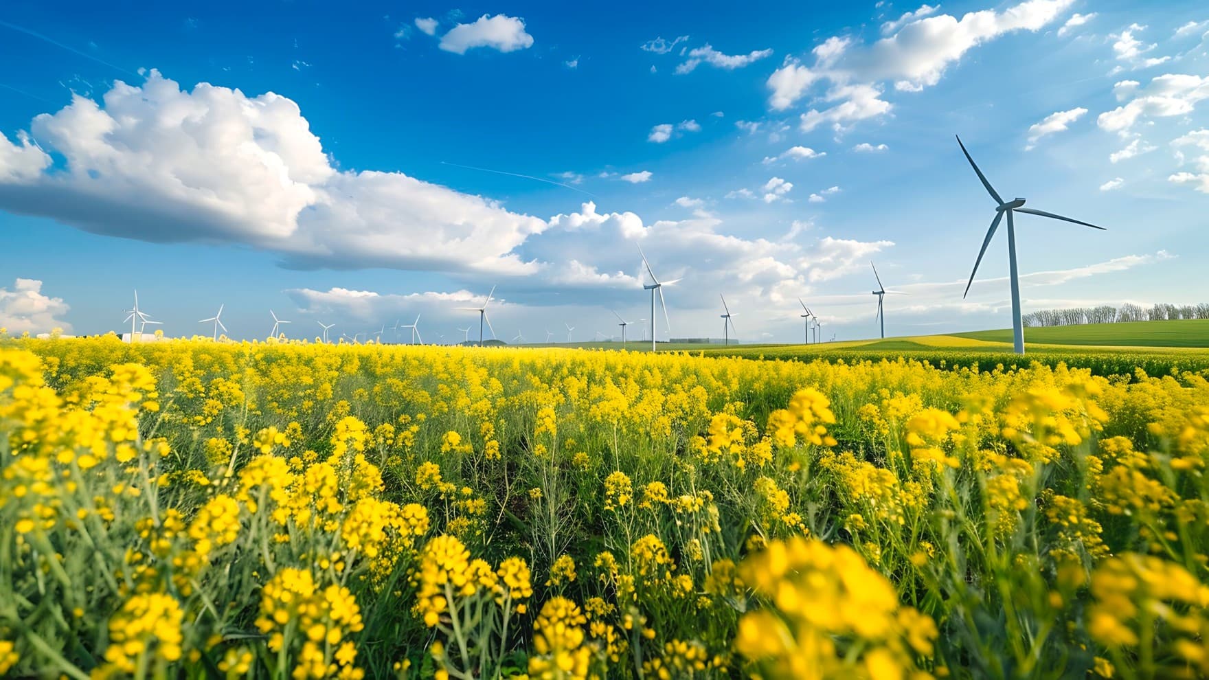 Gelbes Rapsfeld vor blauem Himmel mit Windrädern im Hintergrund
