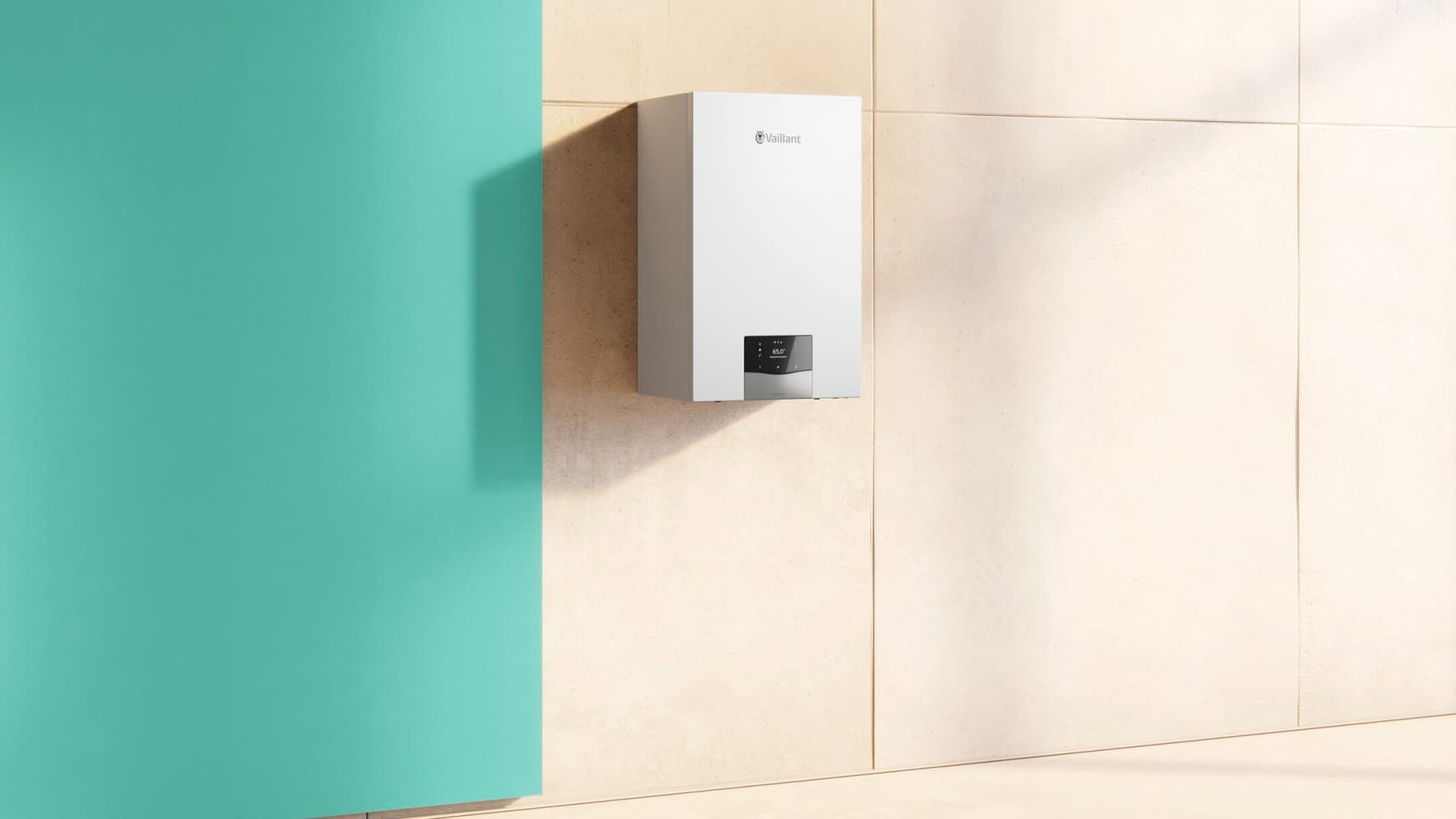 Gas-Brennwert Wandgerät ecoTEC auf Fließen neben grünem Hintergrund