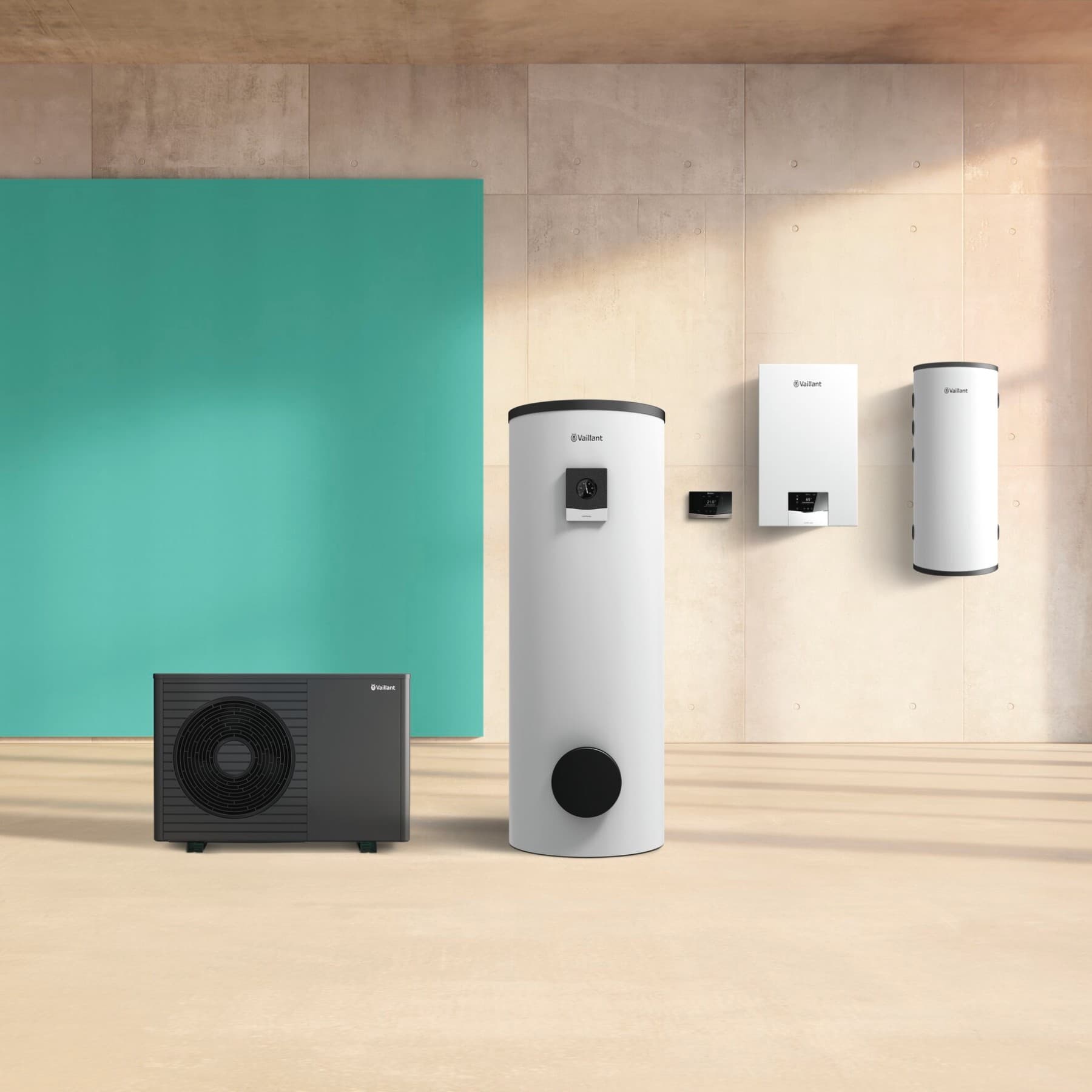 Verschiedene Heizgeräte von Vaillant auf einem Bild.