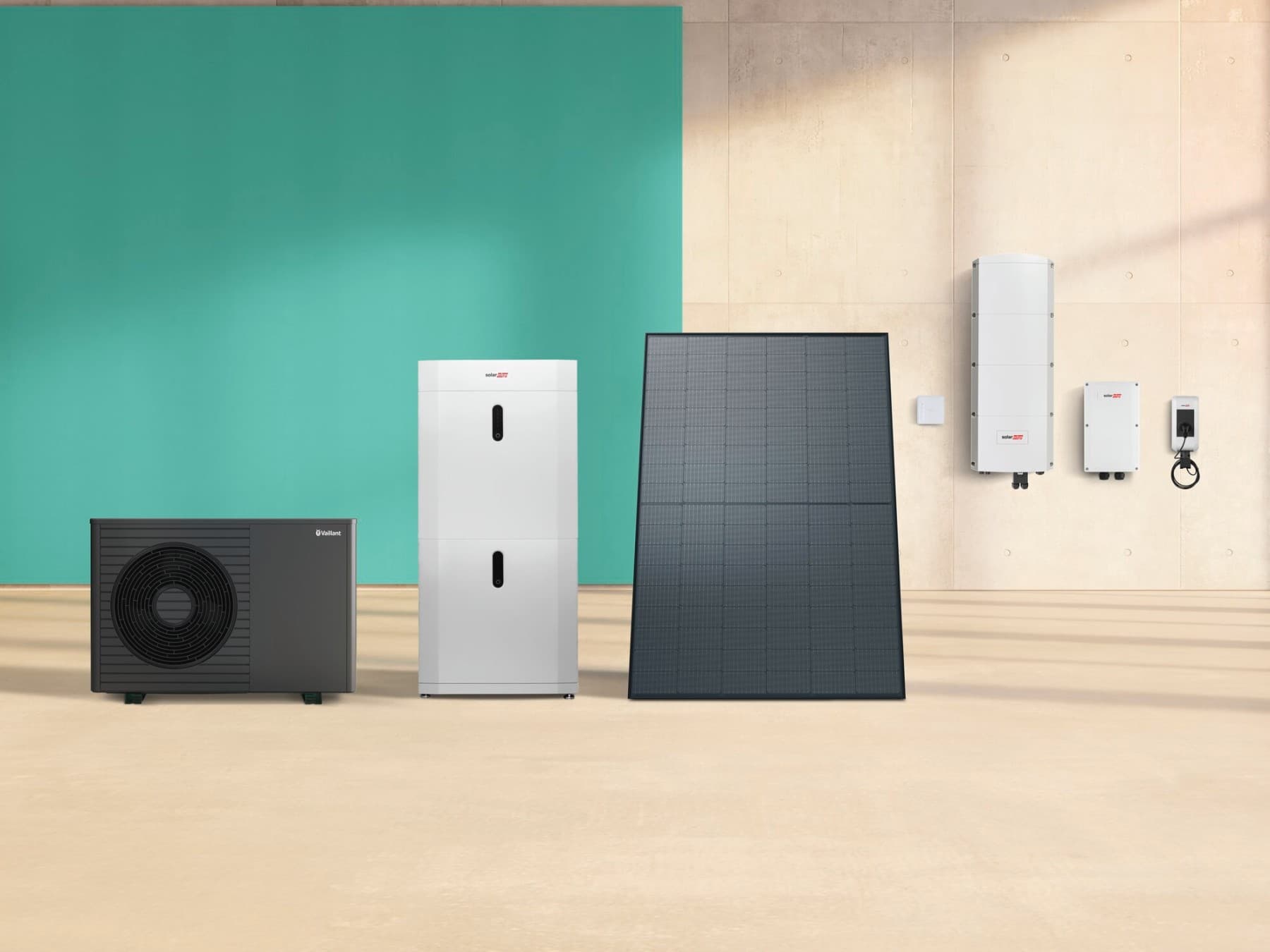 Übersicht eines Vaillant Wärmepumpen Heizsystems mit Batteriespeicher und PV-Anlage