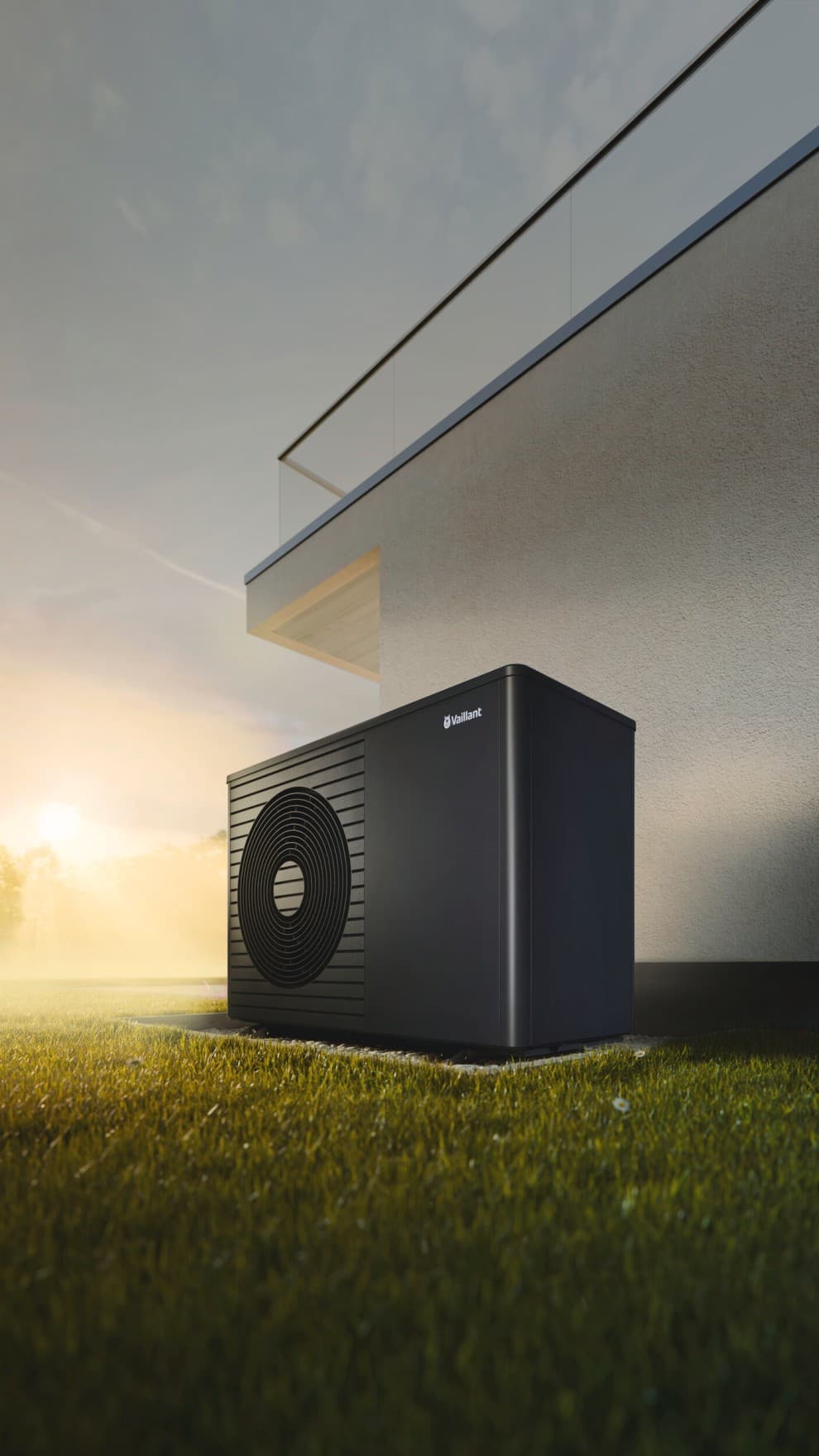 Luft-Wasser-Wärmepumep aroTHERM plus von Vaillant vor einem modernen Haus