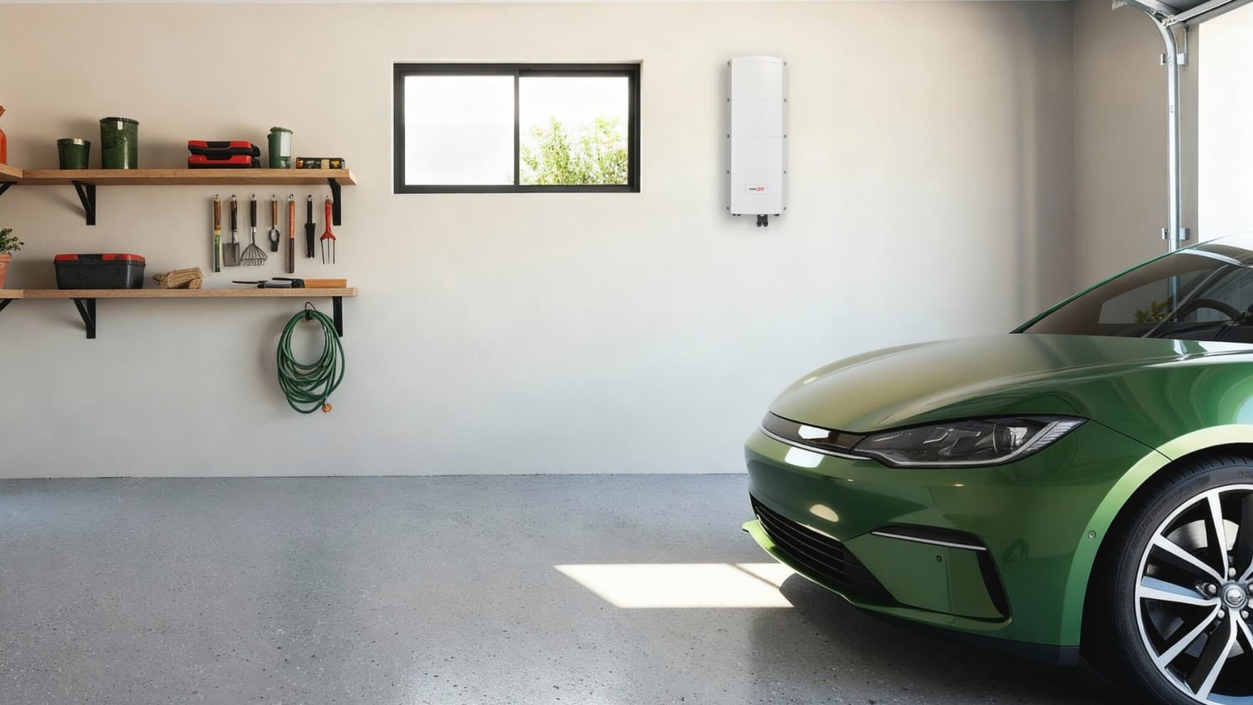 Der SolarEdge Home-Hub hängt in einer Garage an der Wand, im Vordergrund steht ein Auto.