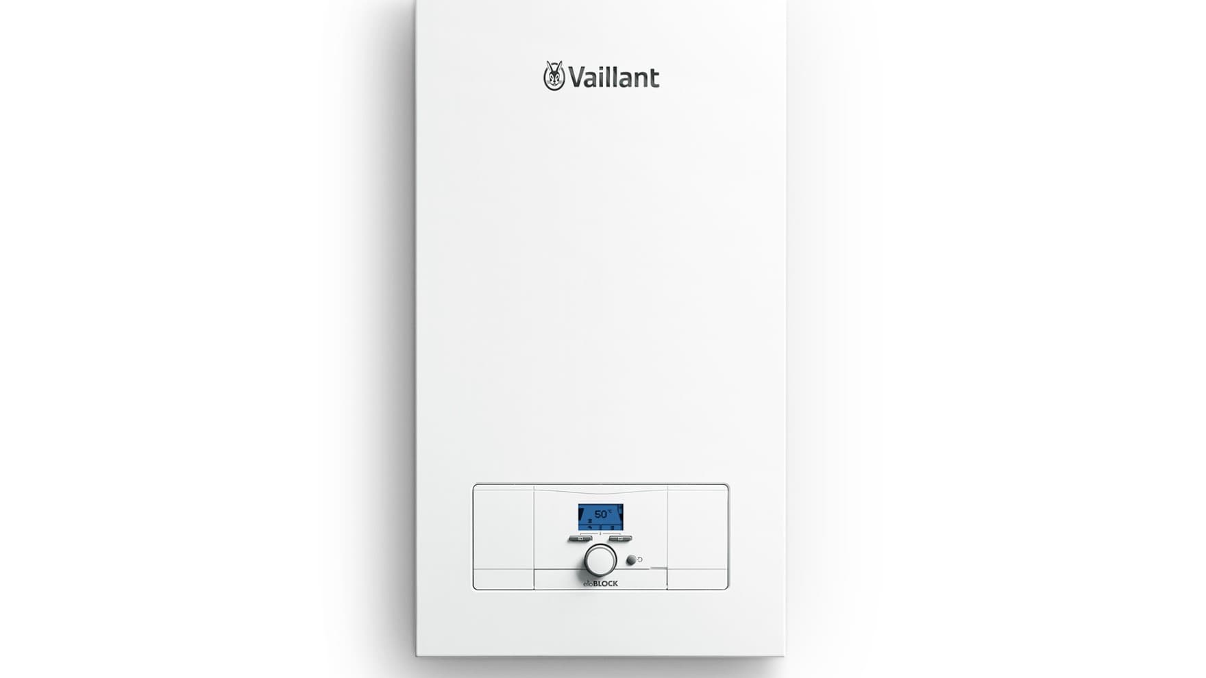Das Elektro-Wandheizgerät eloBLOCK von Vaillant auf einem neutralen Hintegrund.